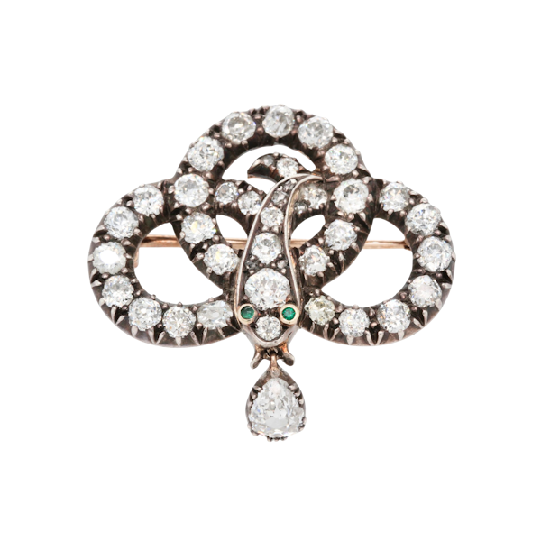 Victorian Old Mine Cut Diamond Snake Brooch with Emerald Eyes - Charlotte Sayers - image 1