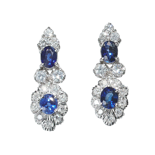 Vintage Sapphire Diamond and White Gold Cluster Drop Earrings, Circa 1960 - image 1