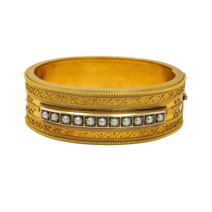 Antique Etruscan Revival Pearl and Gold Bangle, Circa 1875