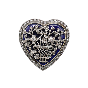 Georgian Bristol Cobalt Blue Glass, Rose Diamond, Silver and Gold Heart Brooch, Circa 1820