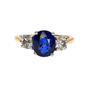 Modern Sapphire, Diamond, Yellow and White Gold Three Stone Ring, 1.93 Carats