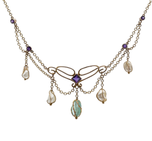 Edwardian 9ct Gold Suffragette Emerald, Amethyst & Pearl Festoon Necklace - Spectrum Antiques