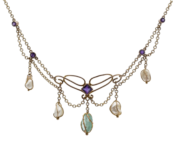 Edwardian 9ct Gold Suffragette Emerald, Amethyst & Pearl Festoon Necklace - Spectrum Antiques - image 1