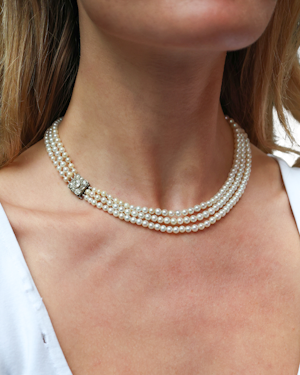 Vintage Three Row Cultured Pearl and Diamond Necklace at Deco&Vintage Ltd