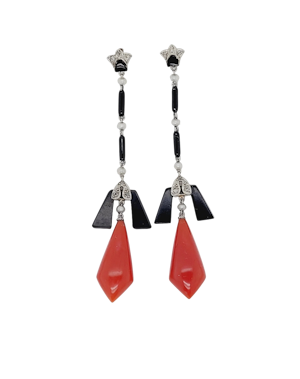Fine iconic art deco onyx, coral and diamond drop earrings sku 8817 DBGEMS