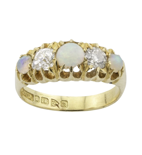 18ct Yellow Gold Opal & Diamond 5-Stone Ring - image 1