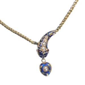 Victorian Natural Pearl, Garnet, Blue Enamel and Gold Snake Necklace, Circa 1850