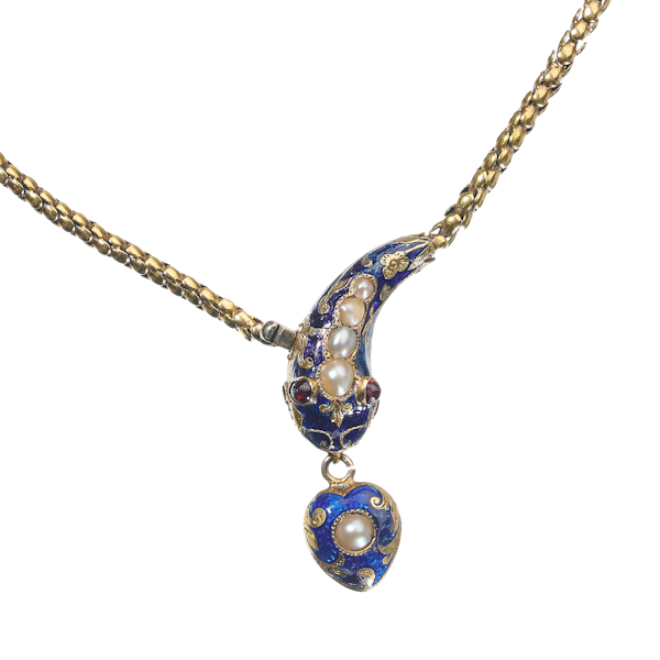 Victorian Natural Pearl, Garnet, Blue Enamel and Gold Snake Necklace, Circa 1850 - image 1