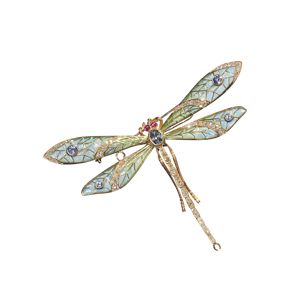 Modern Plique à Jour Enamel, Sapphire, Diamond, Ruby and Gold Dragonfly Brooch