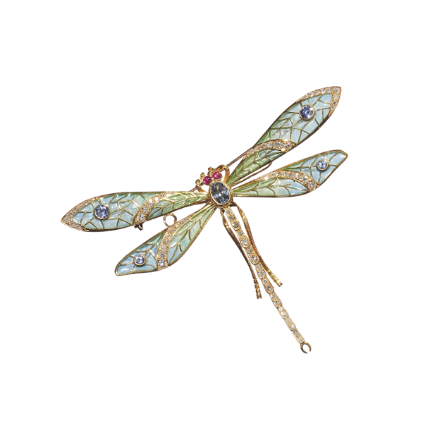 Modern Plique à Jour Enamel, Sapphire, Diamond, Ruby and Gold Dragonfly Brooch - image 1