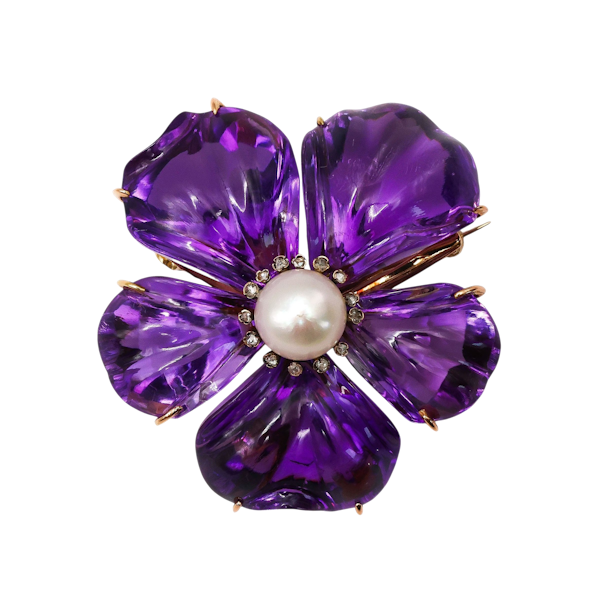 Amethyst, Pearl, Diamond and Gold Pansy Flower Brooch, Circa 1880 - image 1