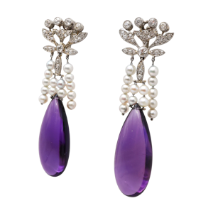 Vintage Amethyst, Diamond, Pearl and Platinum Earrings, Circa 1960