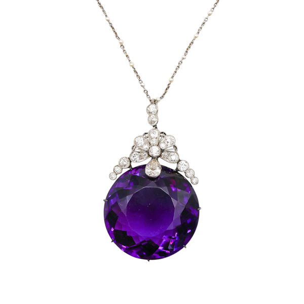 Belle Époque Amethyst, Diamond, Pearl and Platinum Pendant Necklace, Circa 1910 - image 1