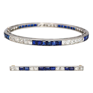 Tiffany and Co. Art Deco Sapphire, Diamond and Platinum Line Bracelet and Brooch Suite, Circa 1930