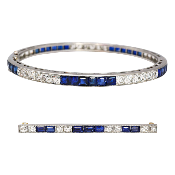 Tiffany and Co. Art Deco Sapphire, Diamond and Platinum Line Bracelet and Brooch Suite, Circa 1930 - image 1