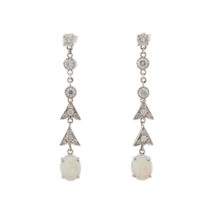 18ct White Gold Opal and Diamond Drop Earrings - Spectrum Antiques