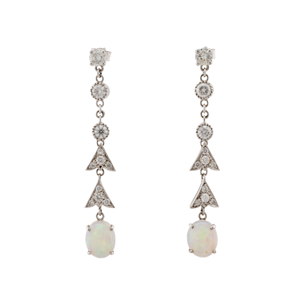 18ct White Gold Opal and Diamond Drop Earrings - Spectrum Antiques - image 1
