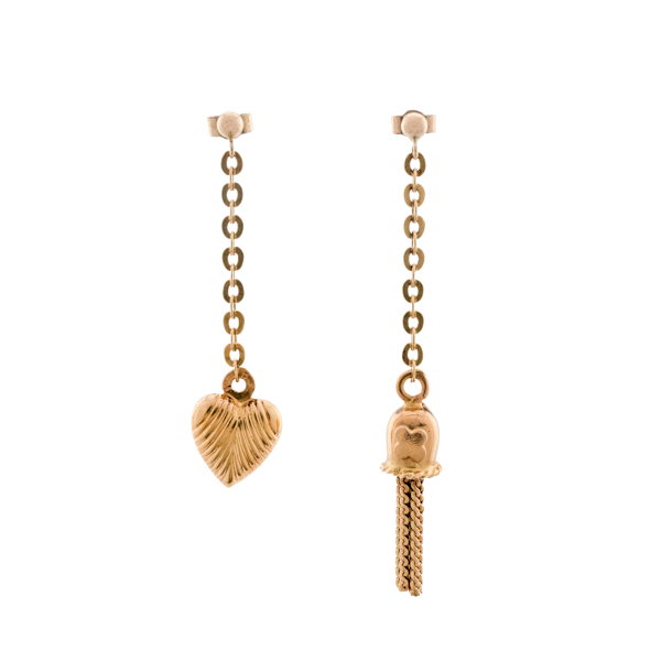 Vintage 18ct Gold Mismatched Heart & Tassel Drop Earrings - image 1