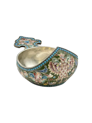 Russian silver and shaded enamel kovsh, Moscow, c.1900.