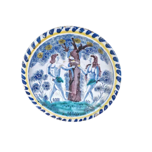 English Early Delftware Pottery Blue Dash Dish of the Temptation of Adam and Eve, Circa 1700, Possibly Bristol England