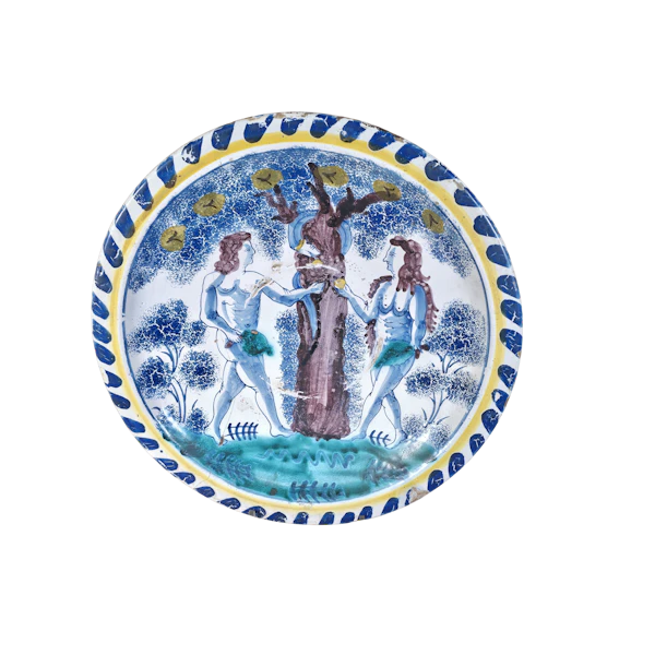 English Early Delftware Pottery Blue Dash Dish of the Temptation of Adam and Eve, Circa 1700, Possibly Bristol England - image 1
