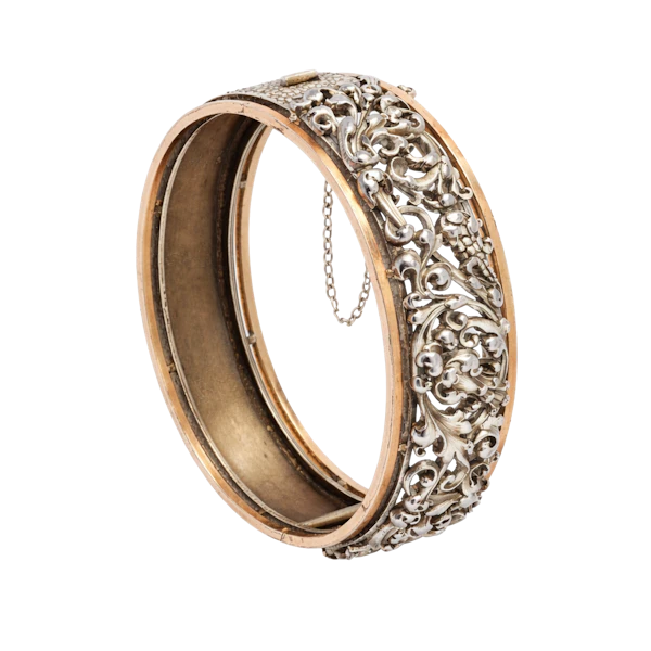 French Art Nouveau Silver & Silver Gilt Pierced Foliate Bangle c.1890s - image 1