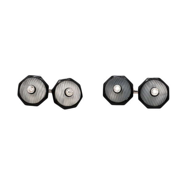 Modern Diamond Rock Crystal Black Onyx and White Gold Cufflinks - image 2