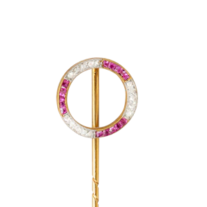 Antique Art Deco Ruby Diamond 18ct Gold Stick Pin, Calibre Cut Ruby Circular Lapel Pin c.1920, Boxed Edwardian-Deco Transition