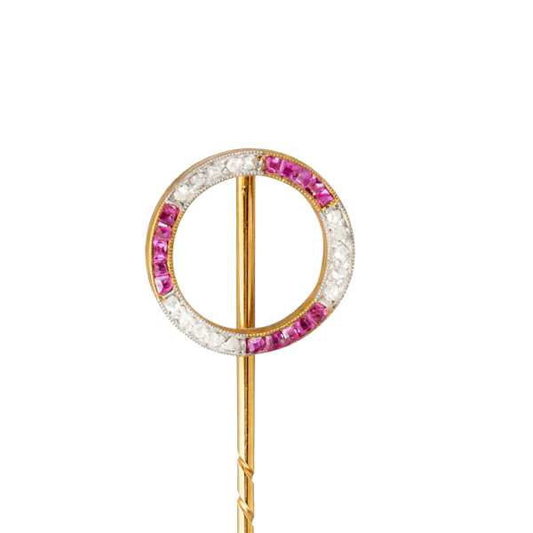 Art Deco Ruby & Diamond Tie Pin in 18ct Gold c.1920s - image 1