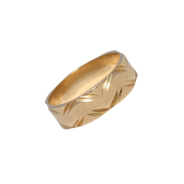 Vintage 14ct Yellow Gold Engraved Leaf Band Ring, c.1980s 14k Botanical Patterned Wedding Band, UK size M - image 1