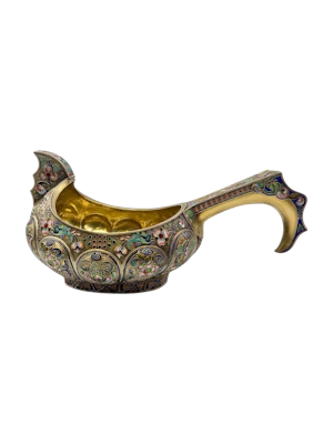 Large Russian sliver gilt cloisonné and shaded enamel kovsh, Moscow, c.1910 by 11th Artel.
