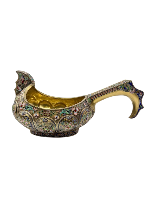 Large Russian sliver gilt cloisonné and shaded enamel kovsh, Moscow, c.1910 by 11th Artel. - image 1