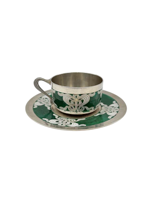 Art Nouveau Norwegian silver and guilloche enamel cup and saucer by Marius Hammer, c.1900.