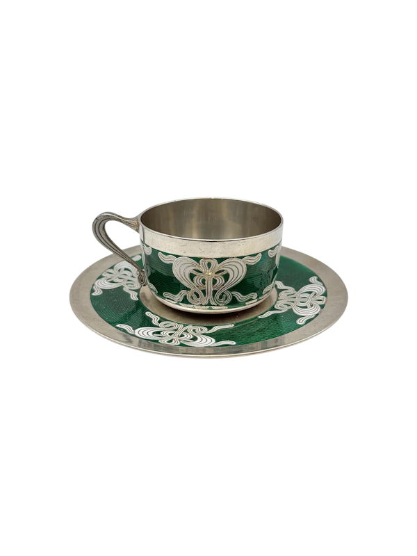 Art Nouveau Norwegian silver and guilloche enamel cup and saucer by Marius Hammer, c.1900. - image 1