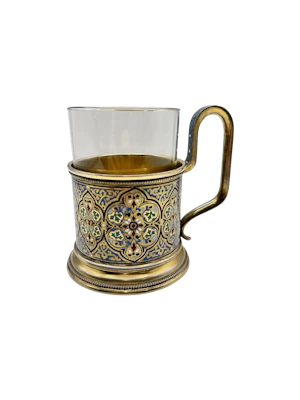 Russian silver gilt and champleve enamel tea holder, Moscow 1889 by Gustav Klingert.