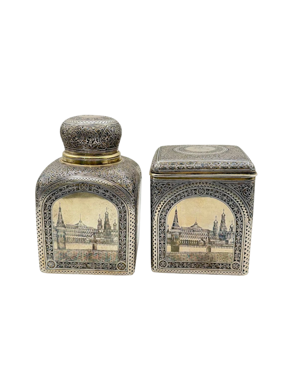 Russian silver gilt and niello pair of tea caddy boxes, Moscow 1885 by Vasily Semenov. - image 1