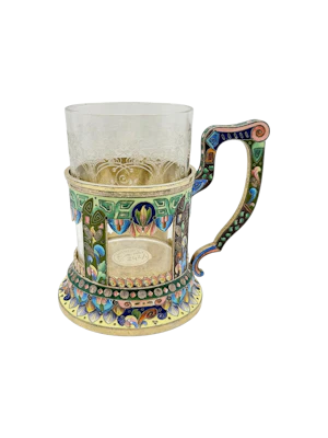 Russian silver gilt and cloisonné and shaded enamel tea glass holder, Moscow c.1910.
