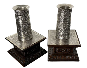 A charming pair of 19th century Chinese Export silver and hardwood chamber candlesticks