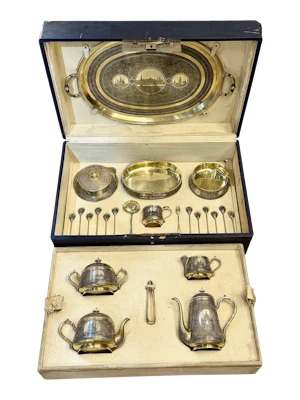 Large Russian silver gilt and niello tea and coffee set with a tray, Moscow, 1886 by Postnikov.