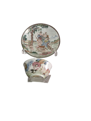Group of two famille rose teabowls and a saucer c. 1740, all paited with scenes based on painting by Francesco Albani