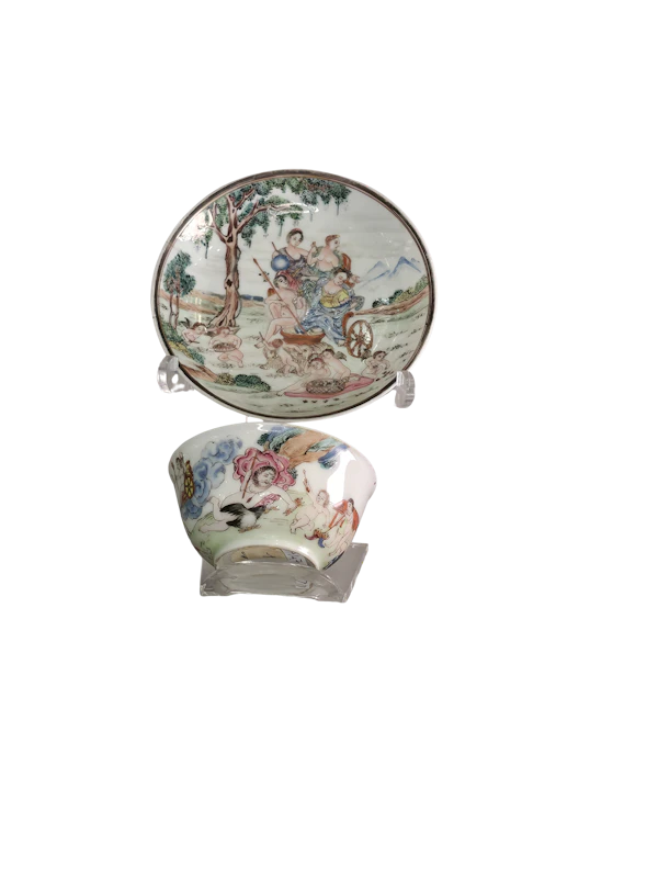 Group of two famille rose teabowls and a saucer c. 1740, all paited with scenes based on painting by Francesco Albani - image 11