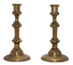 A pair of Indian Koftgari (Gold-Overlay) steel candlesticks