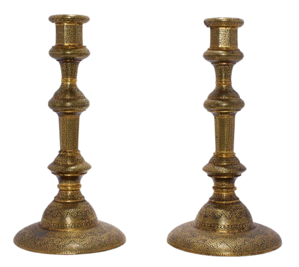 A pair of Indian Koftgari (Gold-Overlay) steel candlesticks - image 1