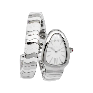 BVLGARI Serpenti Spiga Steel Quartz 35mm watch. Steel and white ceramic full set boxed. Mark Constable Unit 301