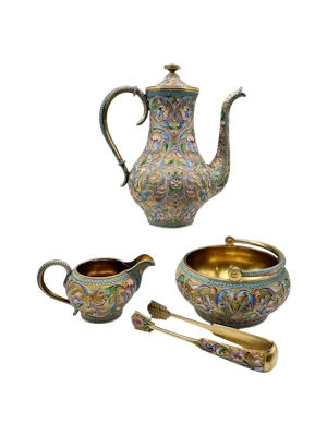 Russian silver gilt and shaded and cloisonné enamel 3 piece coffee set, Moscow, c.1910 by Maria Semenova.