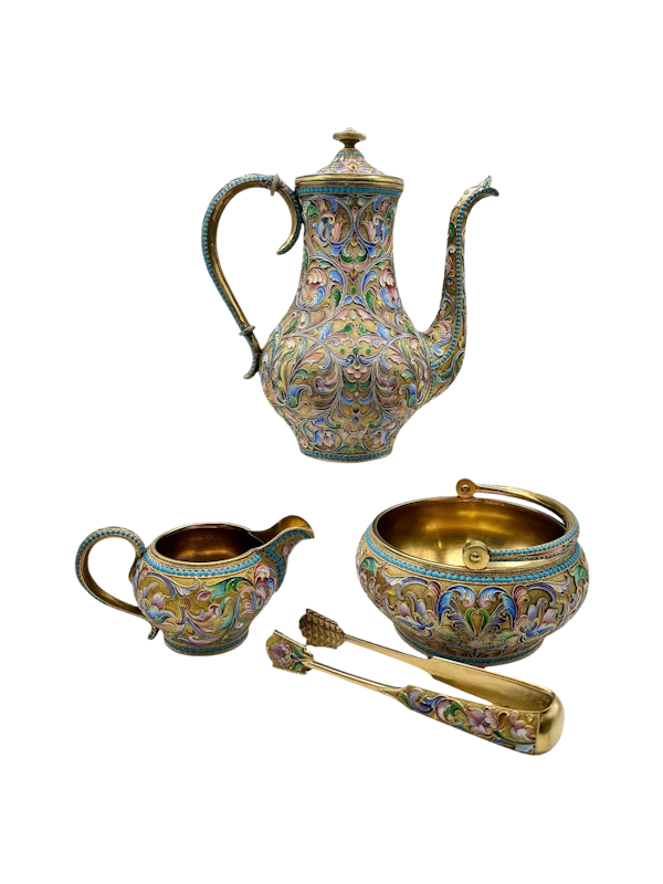 Russian silver gilt and shaded and cloisonné enamel 3 piece coffee set, Moscow, c.1910 by Maria Semenova. - image 1