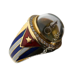 Theo Fennell “Cuban Spinner” Opening Ring In 18k Yellow Gold, Diamonds, Rock Crystal & Guilloché Enamel – London, 1994