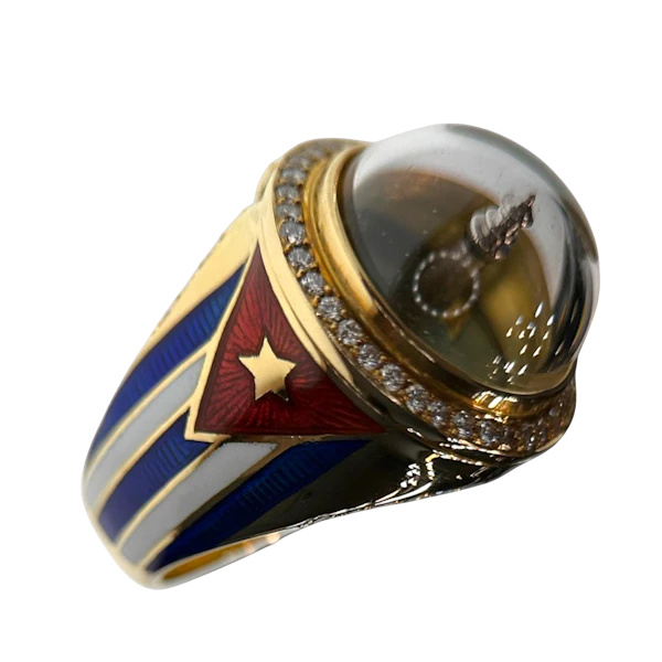 Theo Fennell “Cuban Spinner” Opening Ring In 18k Yellow Gold, Diamonds, Rock Crystal & Guilloché Enamel – London, 1994 - image 1