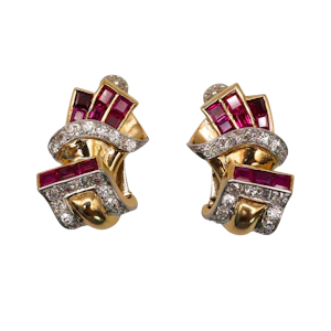 Vintage Burma Ruby Diamond and Gold Earrings, Circa 1940