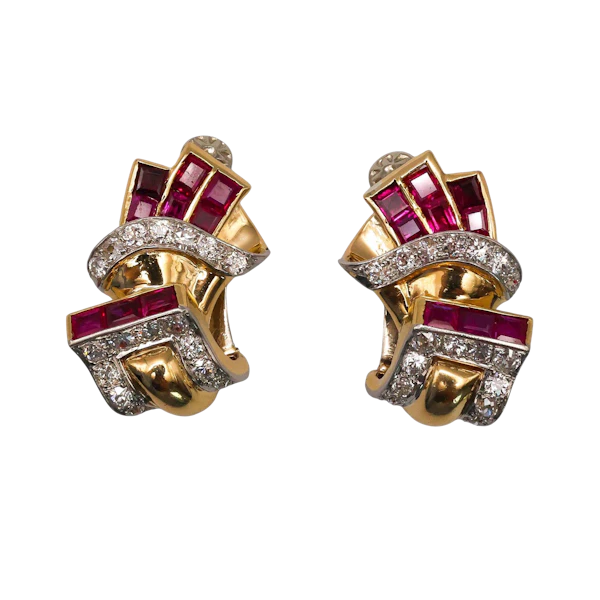 Vintage Burma Ruby Diamond and Gold Earrings, Circa 1940 - image 1